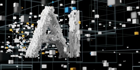 AI, artificial intelligence, text made from binary data blocks with data floating around on black background