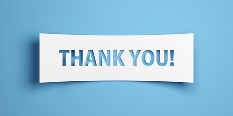 Thank you text on white paper cut out over blue background, gratitude concept - 568470116