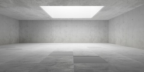 Abstract empty, modern concrete room with square opening in the ceiling and rough floor with missing tiles - industrial interior background template