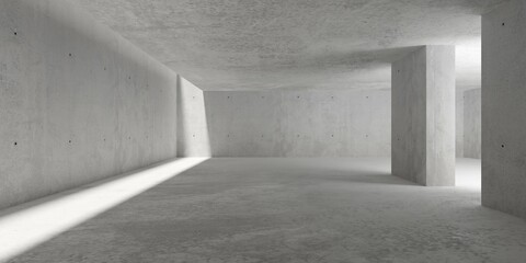 Abstract large, empty, modern concrete room, sunlight from roof opening, pillars and rough floor - industrial interior background template