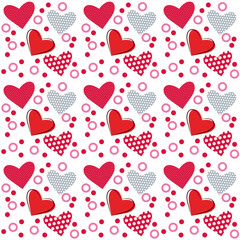 Bright festive pattern of hearts with polka dots and speckles for design and printing.