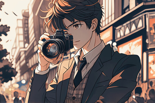 Junger Fotograf mit einer Kamera macht Fotos in einer Stadt, Manga Stil