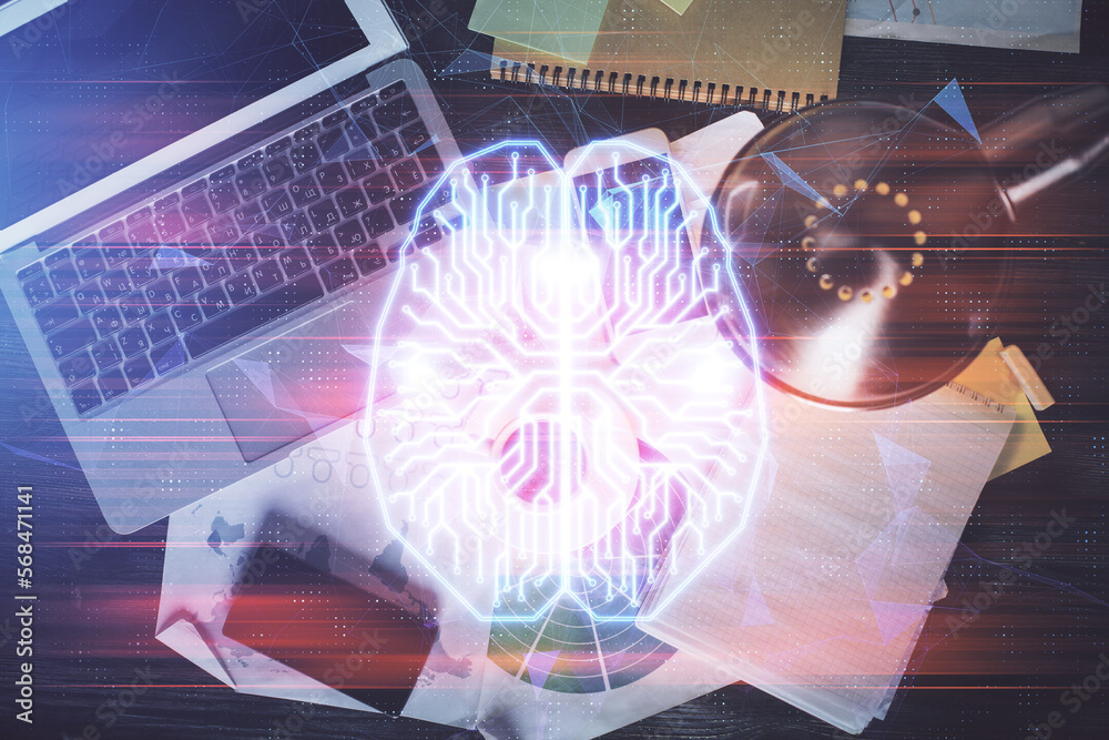 Aufkleber Double exposure of brain drawing hologram over topview work table background with computer. Concept of big data.