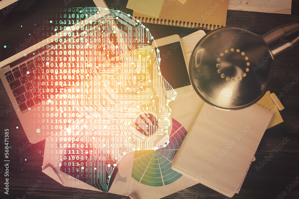 Poster Double exposure of brain drawing hologram over topview work table background with computer. Concept of big data.