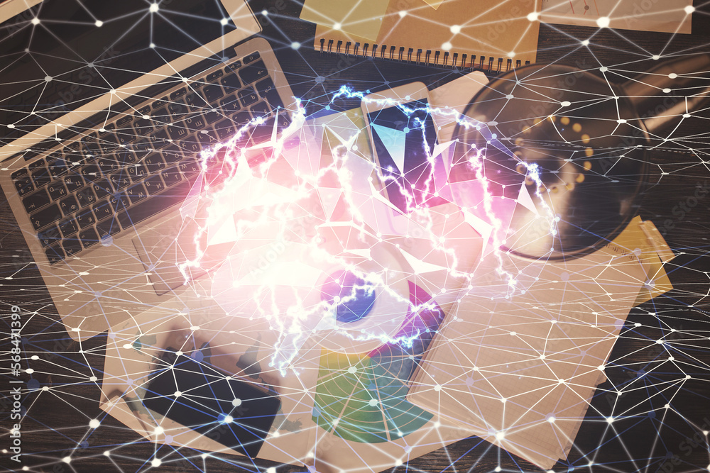 Aufkleber Double exposure of brain drawing hologram over topview work table background with computer. Concept of big data.