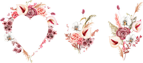 Watercolor subtle wildflowers boho bouquet. Dried beige herbs, grass floral border, arrangement. Botanical boho elements isolated on white. Wedding invitation, greeting, card, printing