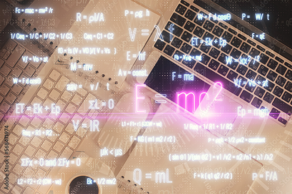 Poster Physics and math theme hologram with formula drawings over computer on the desktop background. Top view. Multi exposure. Concept of education.