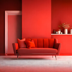 Cozy modern living room interior with red sofa and decoration room on a red or white wall background, Generative AI
