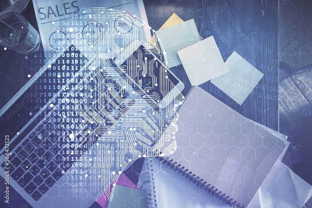 Poster Double exposure of brain drawing hologram over topview work table background with computer. Concept of big data.