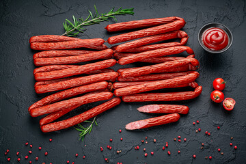 Smoked sausages of the highest quality.. On a black background.