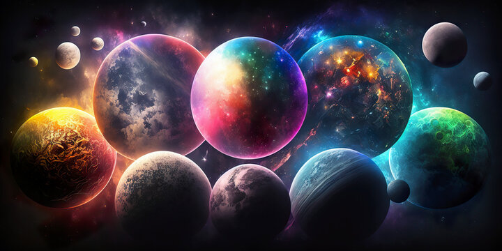 Universe represented in all dimensions in one illustration. From the parallel dimension to the multidimensional, the multitude of planets in the universe. Image generated by AI.