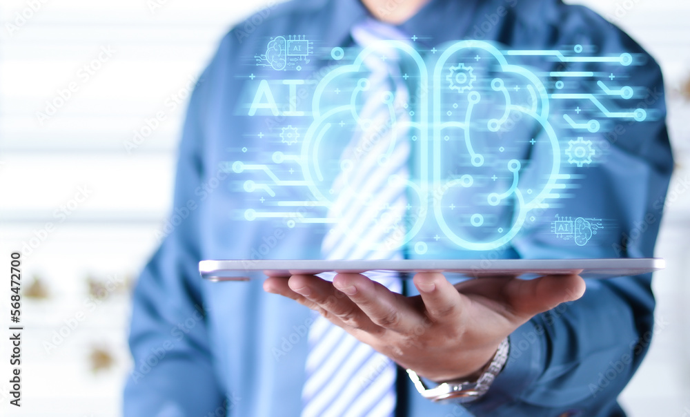 Poster businessman touching the brain working of artificial intelligence (ai) in the futuristic business an