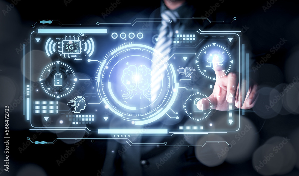 Poster businessman touching the brain working of artificial intelligence (ai) in the futuristic business an