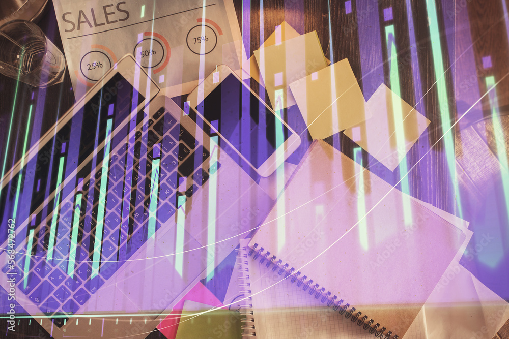 Poster financial market graph and top view computer on the desktop background. multi exposure. investment c