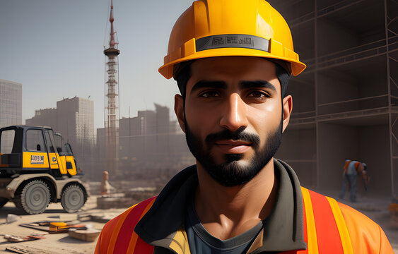  Painting Portrait Of A Arab Man Construction Worker In Outfit - Generative AI