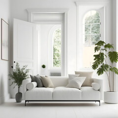 Cozy modern living room interior with white sofa and decoration room on a white or white wall background, Generative AI
