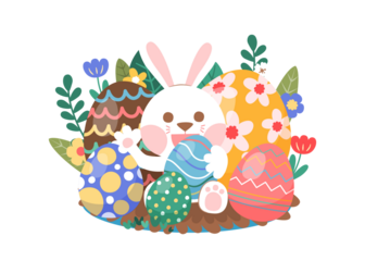 White Rabbit With Easter Egg, Flower And Leaves, Illustration, Transparent