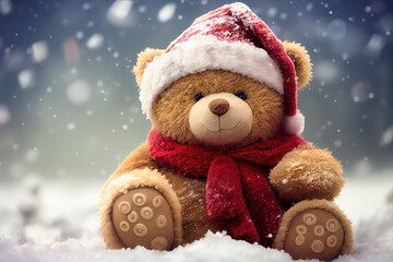 Christmas teddy bear cute toy. Winter holidays background. Blurry background. Generative AI