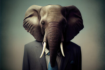 Generative AI illustration anthropomorphic portrait of elephant with tusks in formal gray suit with blue tie against dark background