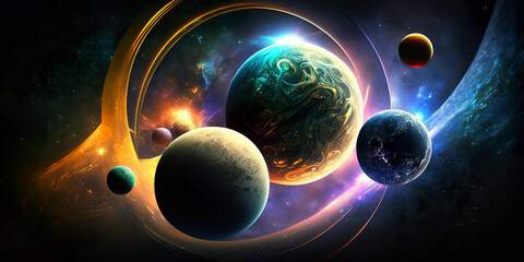 Fototapeta na wymiar Universe represented in all dimensions in one illustration. From the parallel dimension to the multidimensional, the multitude of planets in the universe. Image generated by AI.