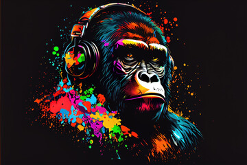 Generative AI illustration of multicolored gorilla with paint stains listening to music on headphones against black background