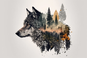 Double exposure head wolf and a forest. Generative AI illustration. - obrazy, fototapety, plakaty