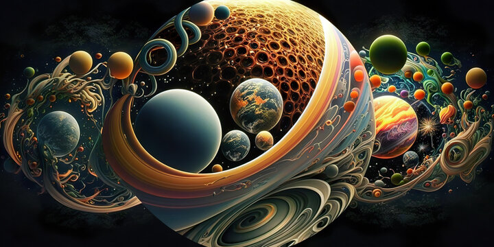 Universe represented in all dimensions in one illustration. From the parallel dimension to the multidimensional, the multitude of planets in the universe. Image generated by AI.