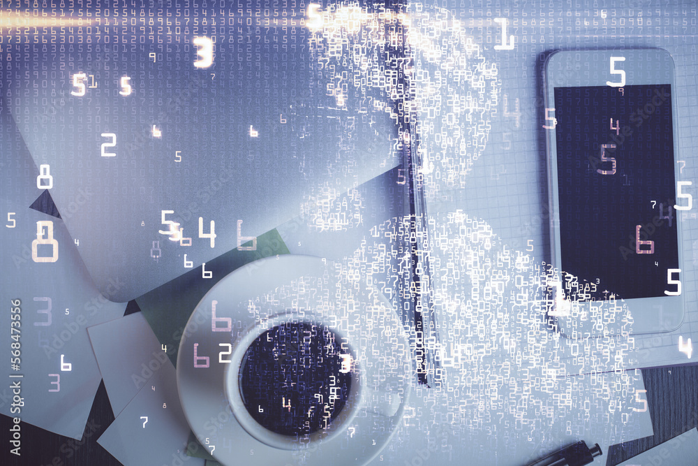 Poster multi exposure of technology theme drawing over table with phone. top view. concept of hightech.