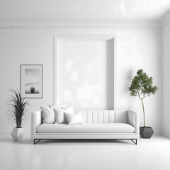Cozy modern living room interior with white sofa and decoration room on a white or white wall background, Generative AI
