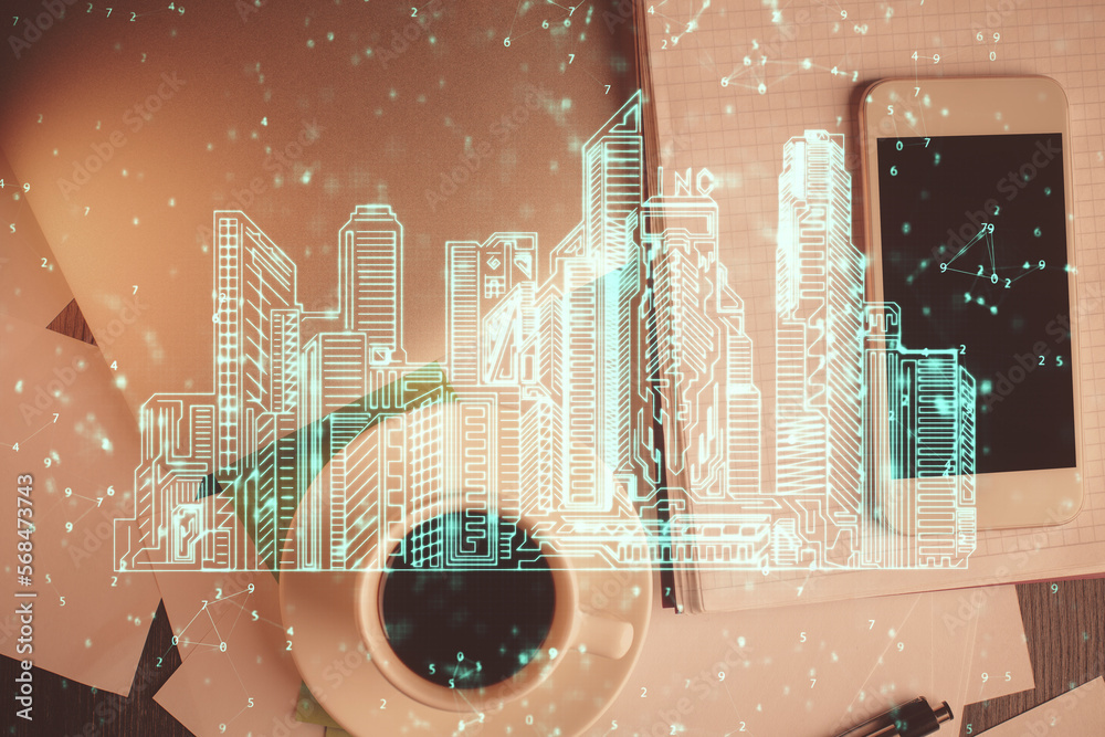 Poster multi exposure of smart city technology drawing over table with phone. top view.