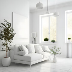 Cozy modern living room interior with white sofa and decoration room on a white or white wall background, Generative AI
