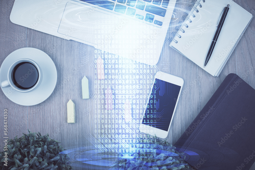 Poster Double exposure of technology theme drawing over work table desktop. Top view. Global data analysis concept.