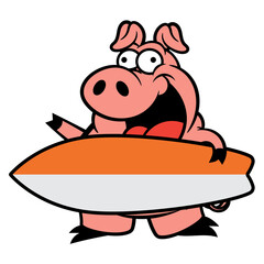 Cartoon illustration of Funny Pig carrying a surfboard. Best for sticker, logo, and mascot with summer themes for kids