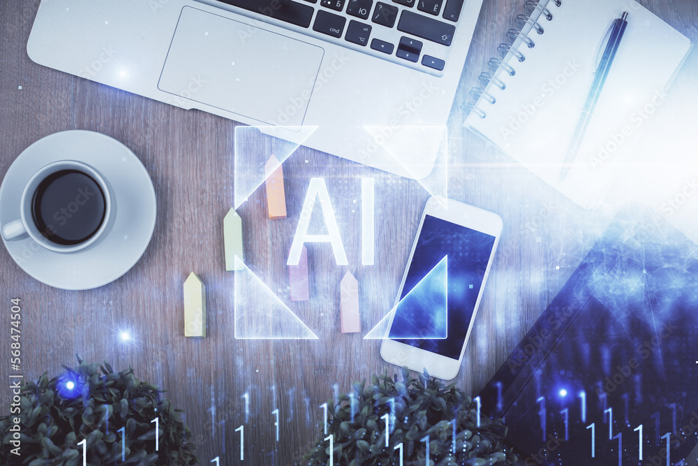 Poster double exposure of technology theme drawing over work table desktop. top view. global data analysis 
