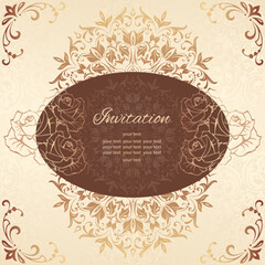 Vintage background mandala business card invitation with golden lace ornaments and art deco floral decorative elements
