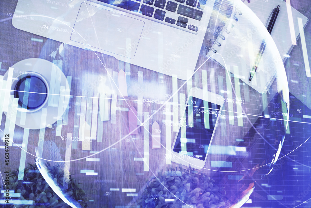 Poster double exposure of business theme hologram over desktop with phone. top view. mobile international t
