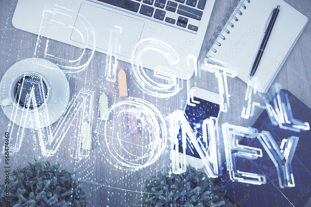 Poster Double exposure of blockchain theme hologram over table with phone. Top view. Crypto technology concept.