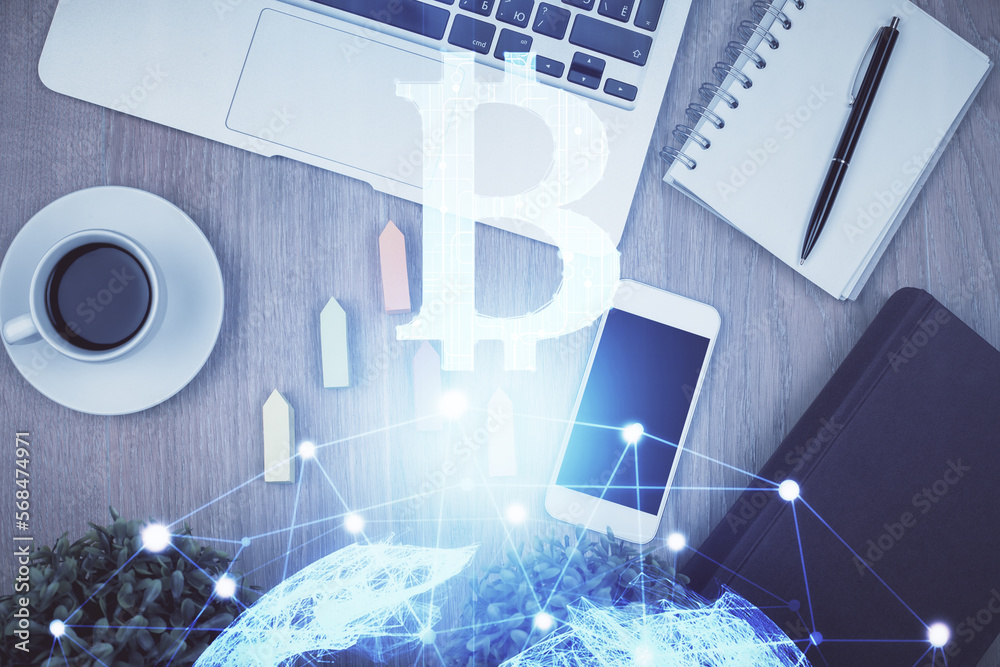 Poster Double exposure of blockchain theme hologram over table with phone. Top view. Crypto technology concept.