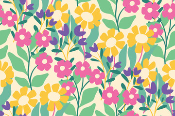 Seamless floral pattern, cute flower print with summer meadow, pretty cartoon style plants. Colorful botanical background with large hand drawn flowers, leaves. Vector illustration.