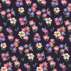 Fototapeta na wymiar Seamless floral pattern, beautiful ditsy print with vintage motif. Pretty botanical design with small hand drawn plants: small flowers, leaves on a dark purple background. Vector illustration.
