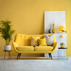 Cozy modern living room interior with yellow sofa and decoration room on a yellow or white wall background, Generative AI
