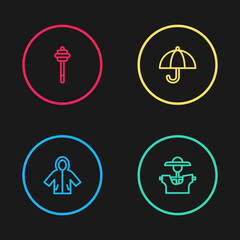 Set line Raincoat, Scarecrow, Umbrella and Honey dipper stick icon. Vector