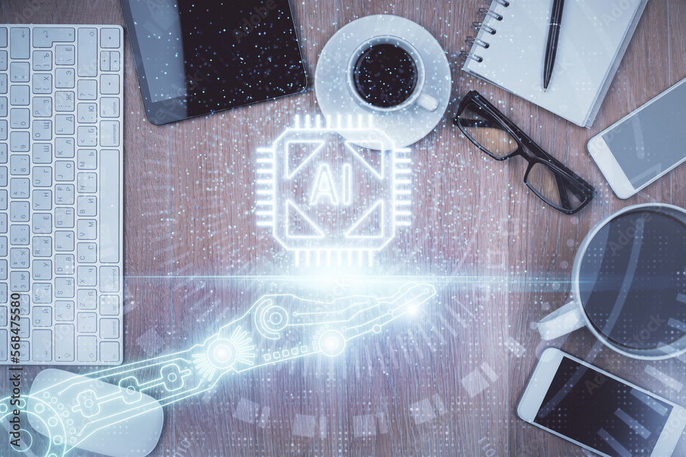 Poster double exposure of technology theme drawing over work table desktop. top view. global data analysis 