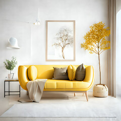 Cozy modern living room interior with yellow sofa and decoration room on a yellow or white wall background, Generative AI
