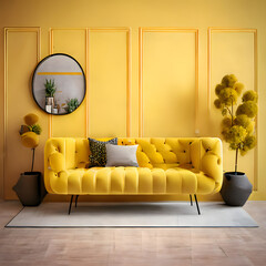 Cozy modern living room interior with yellow sofa and decoration room on a yellow or white wall background, Generative AI
 - obrazy, fototapety, plakaty
