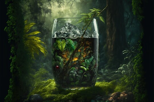 a painted glass of soda in the forest illustration generative ai 