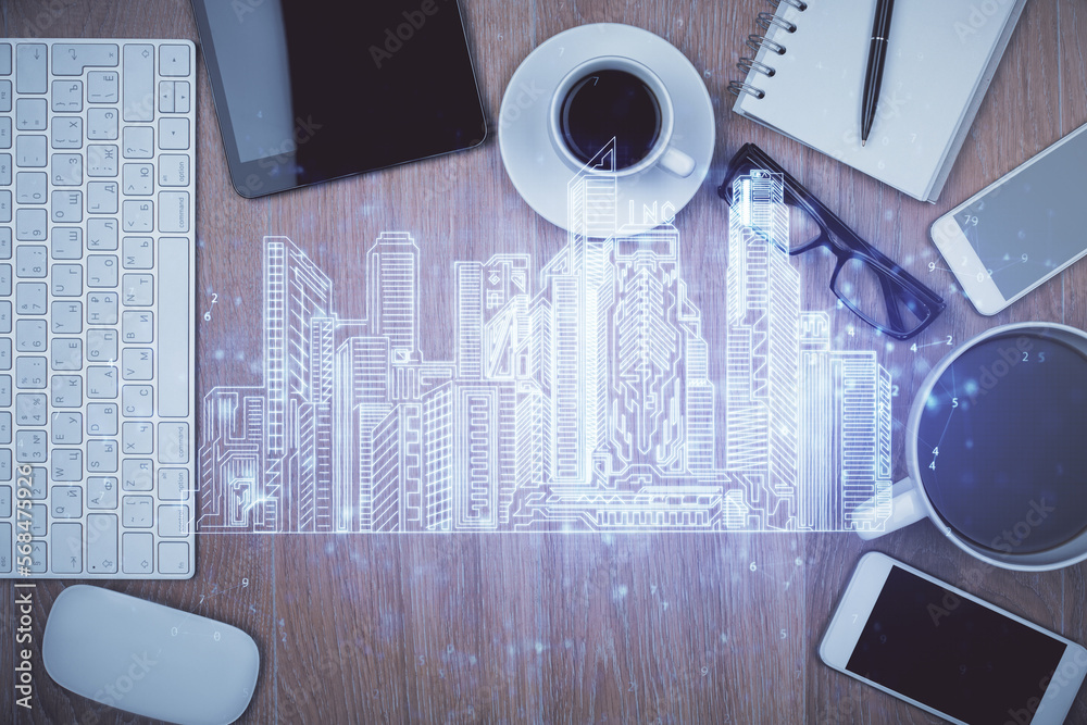 Poster multi exposure of smart city technology drawing over table with phone. top view.
