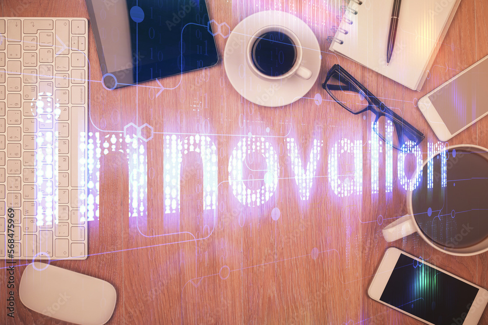 Poster Double exposure of technology theme drawing over work table desktop. Top view. Global data analysis concept.