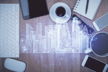 Multi exposure of smart city technology drawing over table with phone. Top view.