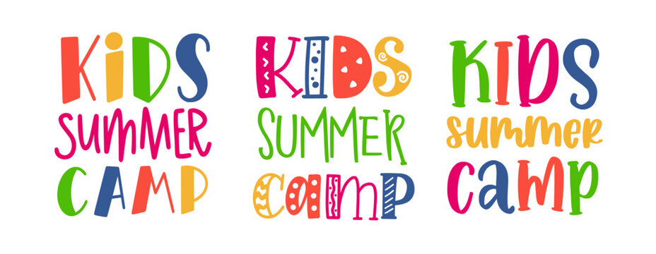 Kids summer camp. Colorfull illustration. Summer camp template poster, flyer, banner design. Kids fun vector illustration. Hand drawn lettering typography text. Summer camp logo for print design.